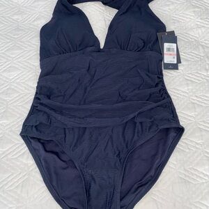Tommy Hilfiger Navy Blue One-piece halter ruched Swimsuit sz 10 NWT